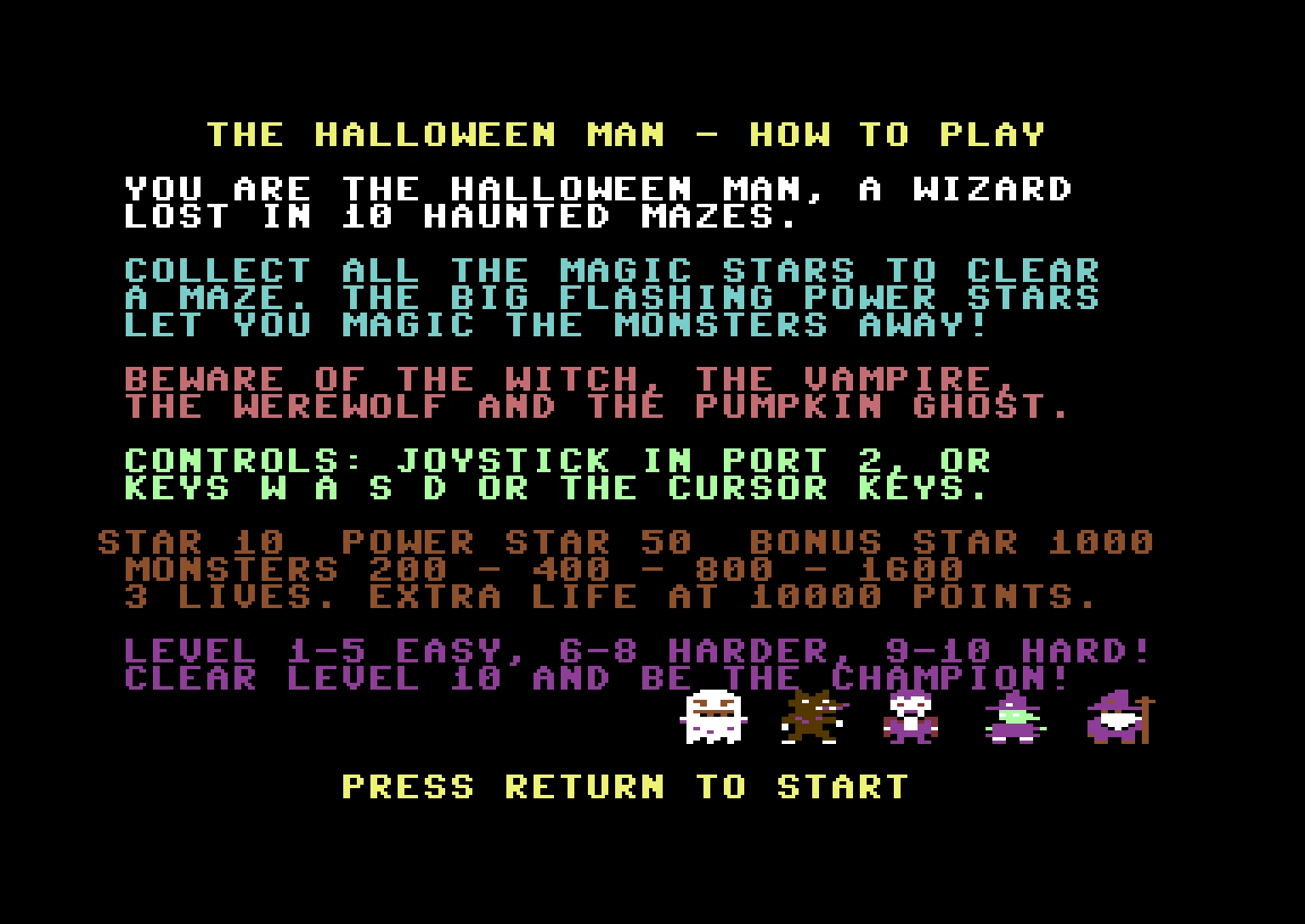 In-game how-to-play screen naming the witch, vampire, werewolf and pumpkin ghost, plus the score table. © 2026 READY 64.