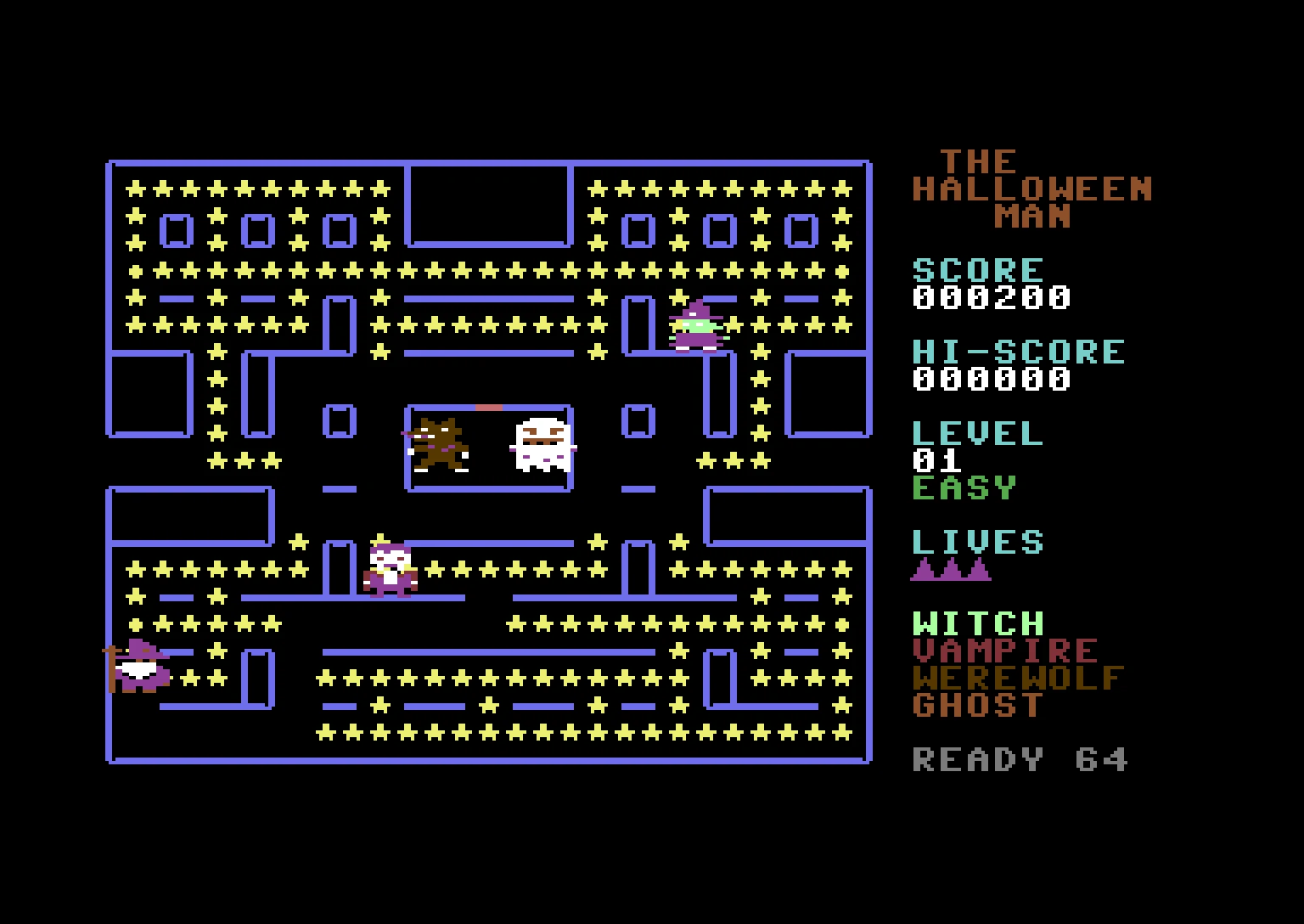Level 1 easy maze from THE HALLOWEEN MAN on the Commodore 64, with yellow stars and a side score panel. © 2026 READY 64.