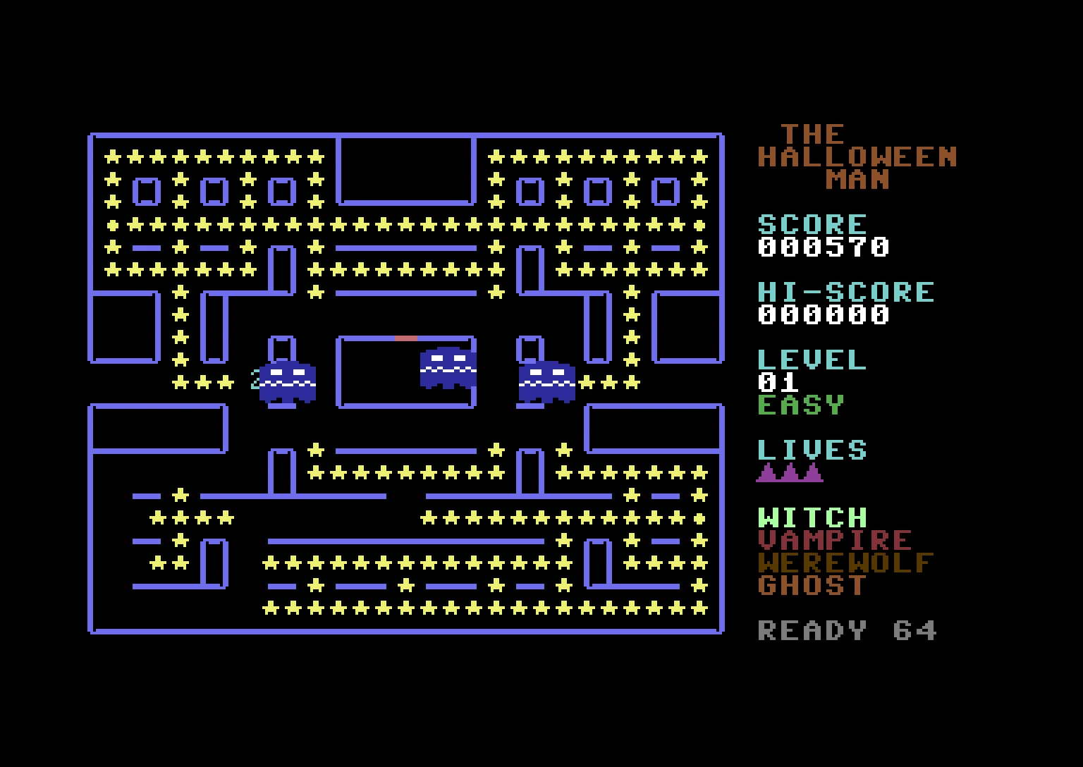 Level 1 easy maze after a power star, with three blue frightened monsters and a score of 570. © 2026 READY 64.