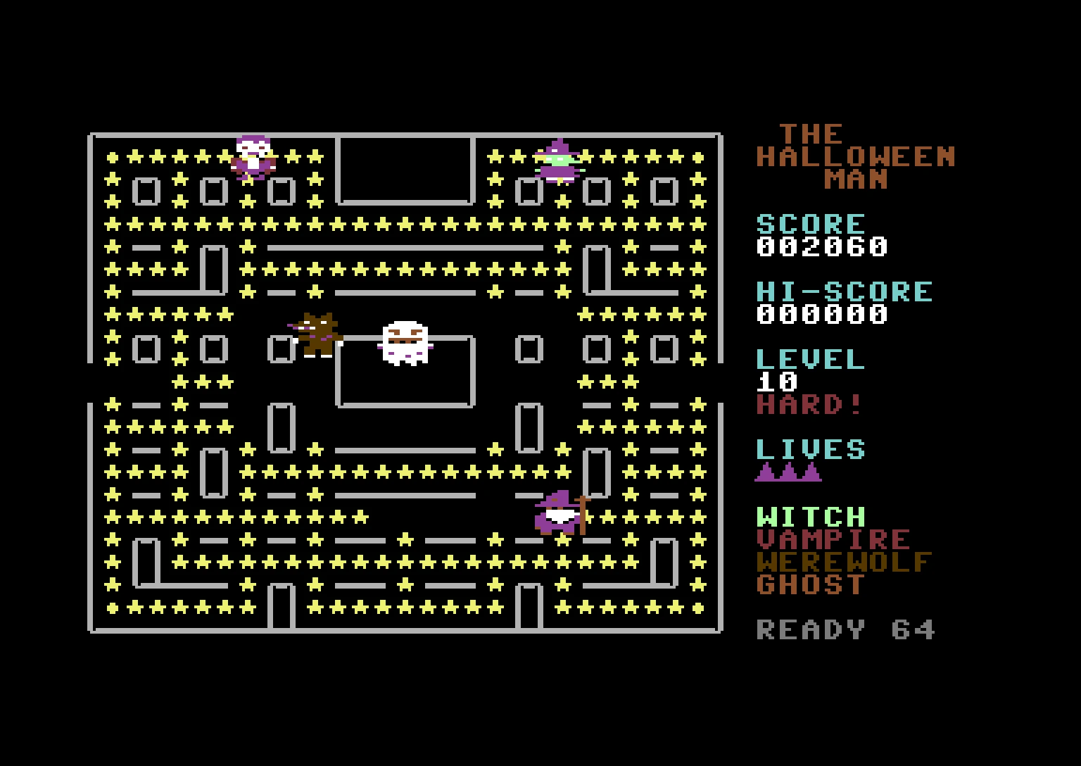 Level 10 hard maze from THE HALLOWEEN MAN on a PAL Commodore 64 layout. © 2026 READY 64.