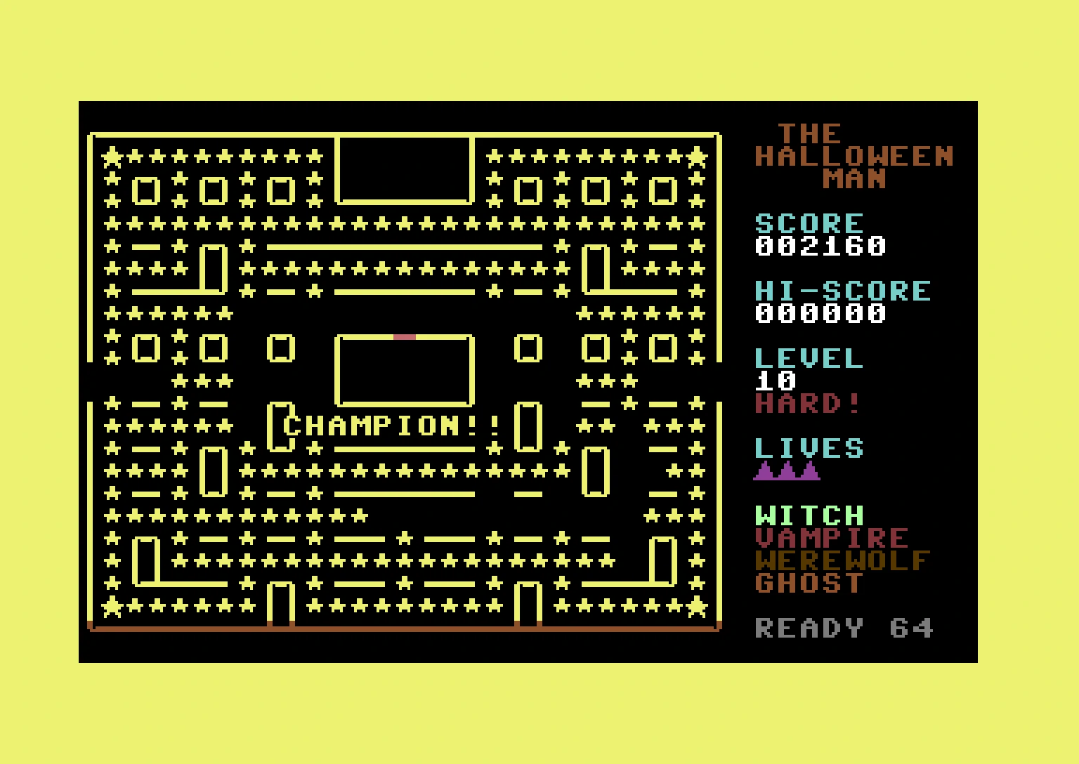 Champion screen from THE HALLOWEEN MAN after the last maze. © 2026 READY 64.